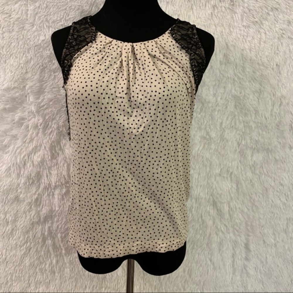 Loft Woman’s Pink And Black Polkadot Lace Sleeve Blouse